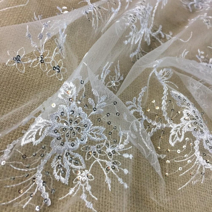 Embroidered Mesh Fabric Silver Sequins Full Allover Floral Design, 56" Wide, White, Multi-Use Garments Veils Communion Christening Baptism Decorations Costume Backdrop