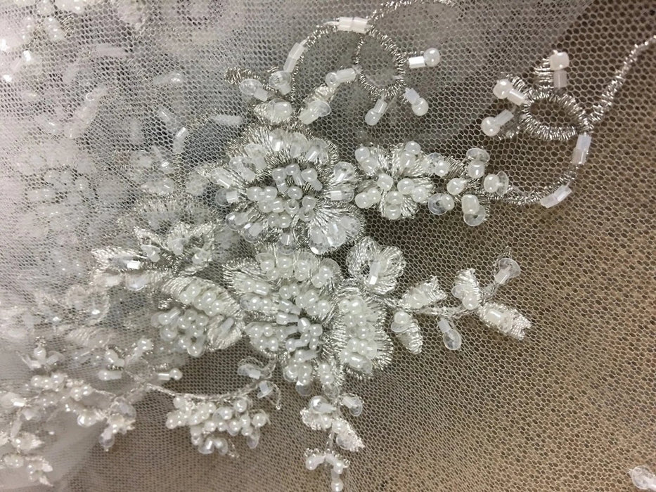 Bridal Lace Fabric Full Beaded Corded Embroidered Allover Vintage French Alencon, 52" Wide, Choose Color, Cut Parts or Use as is Double Border
