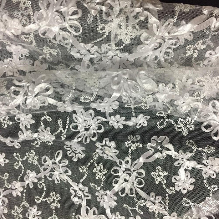 3D Ribbon Lace Sequins Fabric Mesh Full Allover Floral, 51" Wide, Choose Color, Multi-Use Garments Table Overlay Costume Backdrop Decoration