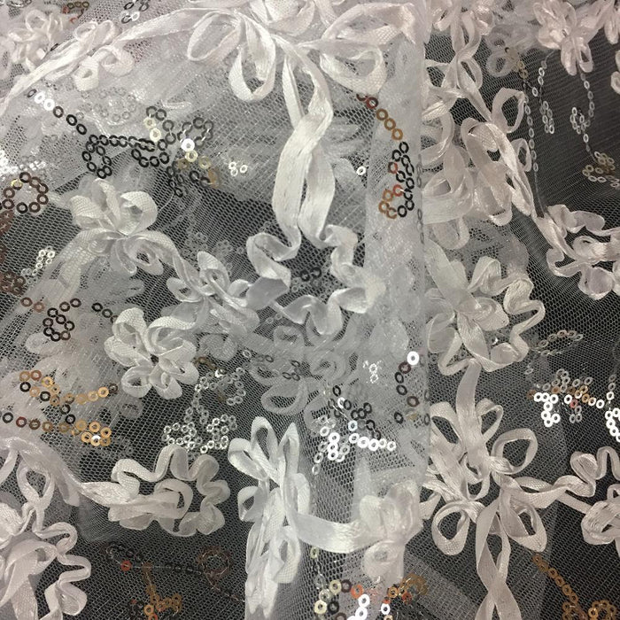 3D Ribbon Lace Sequins Fabric Mesh Full Allover Floral, 51" Wide, Garments Table Overlay Costume Backdrop Decoration ⭐