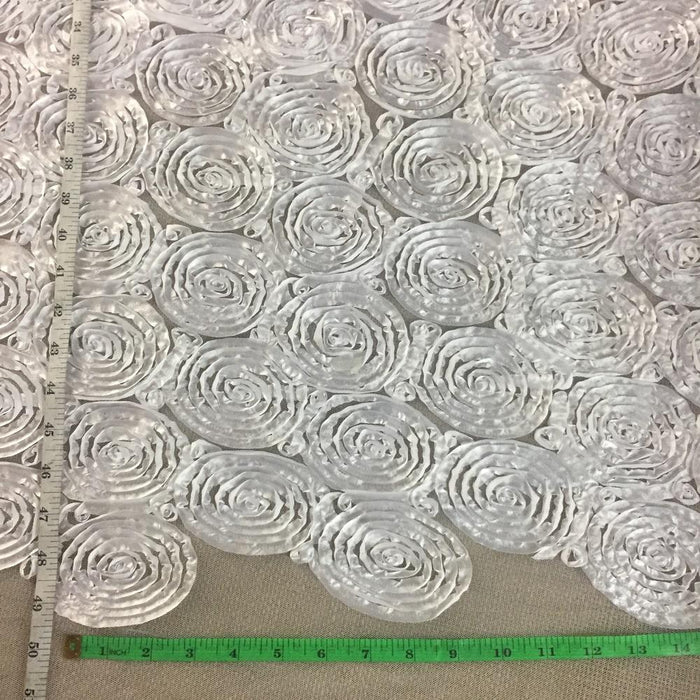 Ribbon Flower Fabric 3D Raised Spiral Circle Design Allover on Mesh, 52" Wide, White, Multi-Use Garments Table Overlay Costume Backdrop Decoration Events Props