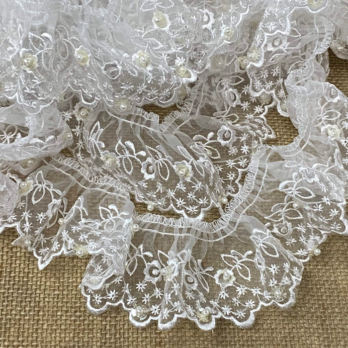 Beaded Ruffled Trim Lace Embroidered Organza, 2.5" Wide, Off White Color, Gathered Ruffled, for Garment Decoration Curtain Towel Pillow Cushion and more