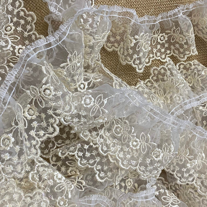 Ruffled Trim Lace Embroidered Organza, 3" Wide, Gathered Ruffled, for Garment Decoration Curtain Towel Pillow Cushion and more