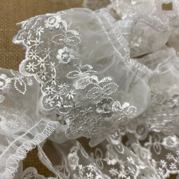 Ruffled Trim Lace Embroidered Organza, 3" Wide, Gathered Ruffled, for Garment Decoration Curtain Towel Pillow Cushion and more