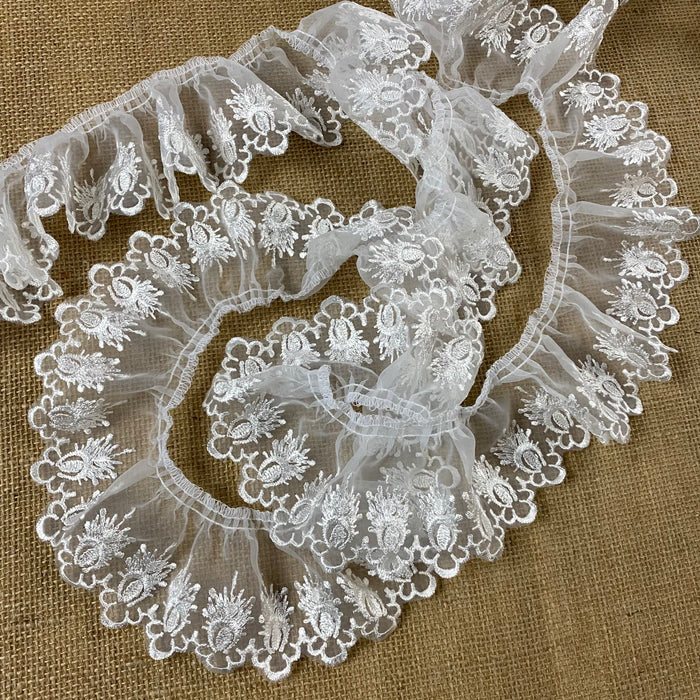 Ruffled Trim Lace Embroidered Organza, 3" Wide, Ivory, Gathered Ruffled, for Garment Decoration Curtain Towel Pillow Cushion and more