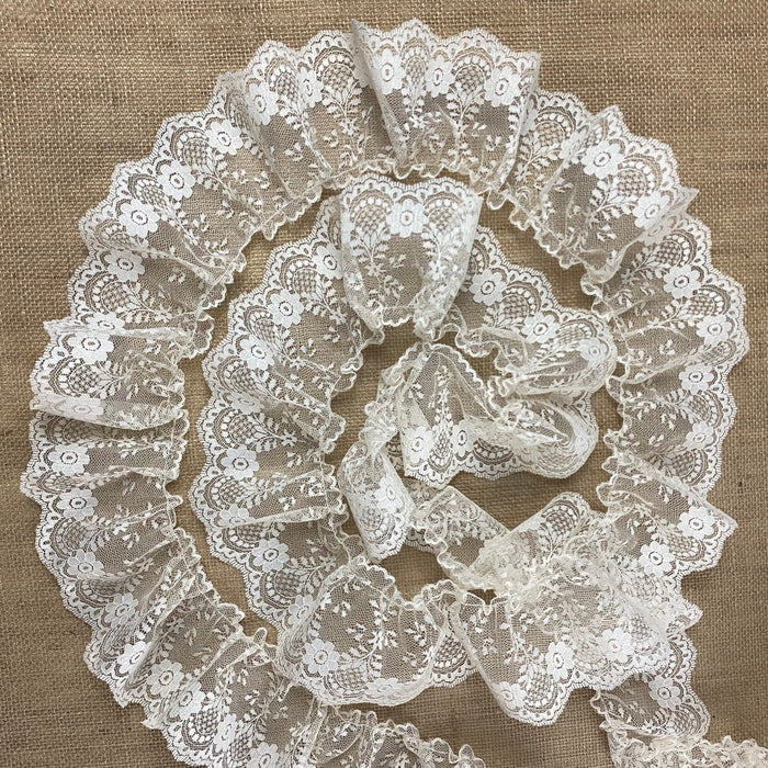 Ruffled Trim Lace Raschel, 4" Wide, Ivory, Gathered Ruffled, for Garment Curtain Towel Pillow Cushion Decoration and more