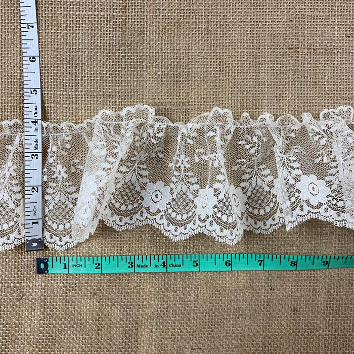 Ruffled Trim Lace Raschel, 4" Wide, Ivory, Gathered Ruffled, for Garment Curtain Towel Pillow Cushion Decoration and more