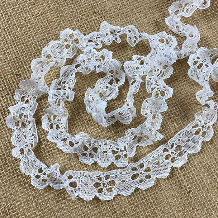 Ruffled Trim Lace Raschel, 1" Wide, White, Gathered Ruffled, for Garment Curtain Towel Pillow Cushion Decoration and more