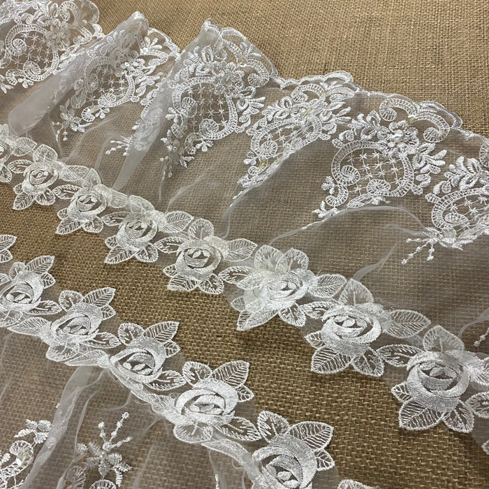 Ruffled Gathered Organza Trim Lace Double Layer Beaded Sequined Embroidered, 9" Wide SKU R1636N3