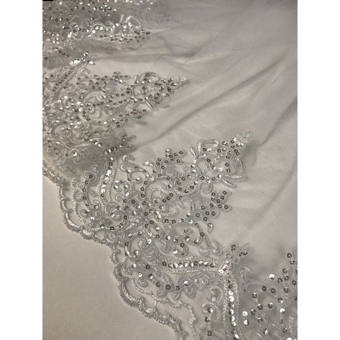 Bridal Mesh Fabric Corded Embroidered Sequined Royal Border Design, 52" Wide, Choose Color, Multi-Use Garments Veils Gowns Decorations Costume
