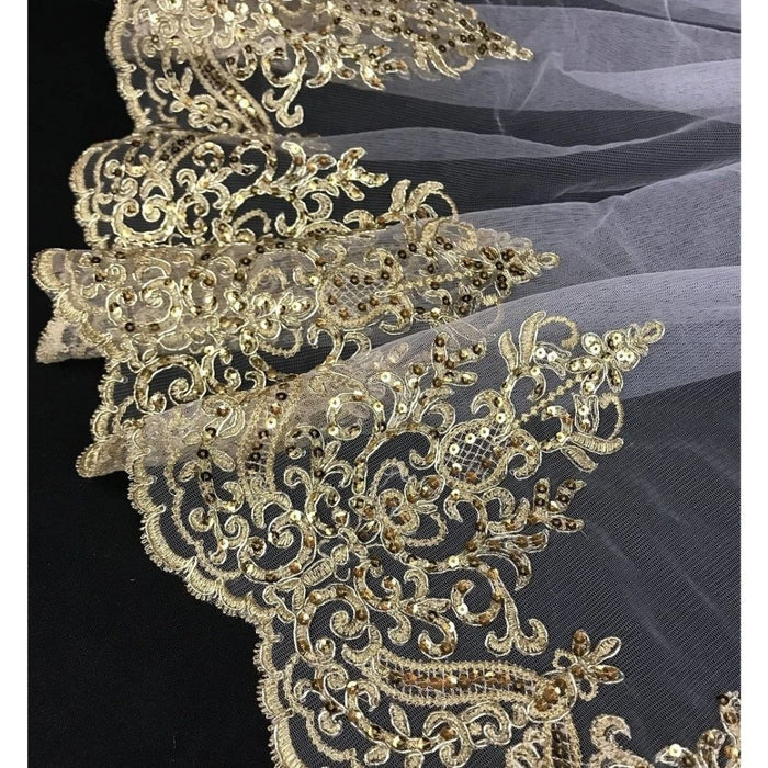 Bridal Mesh Fabric Corded Embroidered Sequined Royal Border Design, 52" Wide, Choose Color, Multi-Use Garments Veils Gowns Decorations Costume